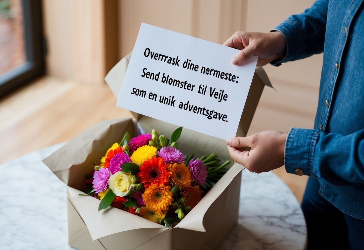 En person åbner en smukt indpakket pakke indeholdende en buket farverige blomster med en seddel med teksten Overrask dine nærmeste send blomster til Vejle som en unik adventsgave